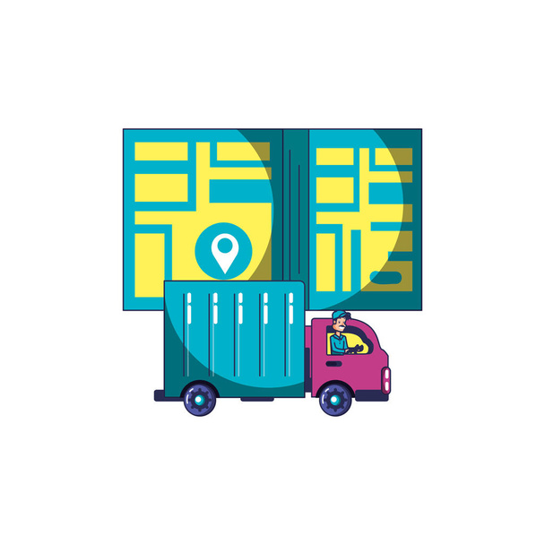 Служба доставки рабочих с грузовиком и путеводителем по карте
 - Вектор,изображение