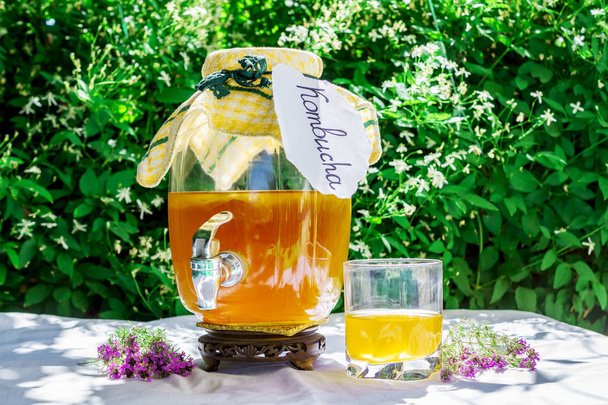 Refreshing kombucha tea with thyme in a glass old vintage bottle and a glass, with label written kombucha on it on backdrop of blurred flowers. Healthy natural probiotic flavored drink. Copy space - Photo, Image
