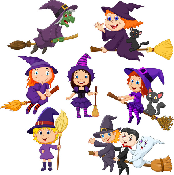 Vector illustration of Halloween young witches collection set - Vector, Image