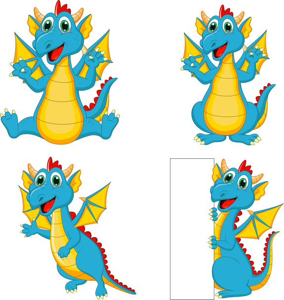 Ilustração vetorial do conjunto de dragões de desenhos animados com sinal em branco
 - Vetor, Imagem