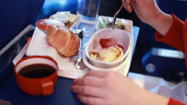 Tray with food on airplane - Кадри, відео
