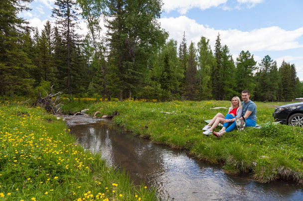 Пікнік на березі гірської річки з зеленою травою і ви
 - Фото, зображення
