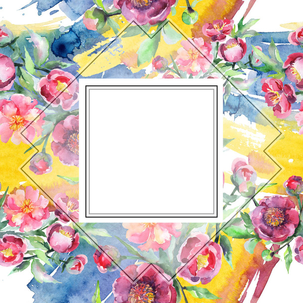 Pfingstrose Blumenstrauß botanische Blumen. Aquarell Hintergrundillustration Set. Rahmen Rand Ornament Quadrat. - Foto, Bild