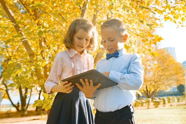 Two kids watching digital tablet, background autumn sunny park, golden hour - Φωτογραφία, εικόνα