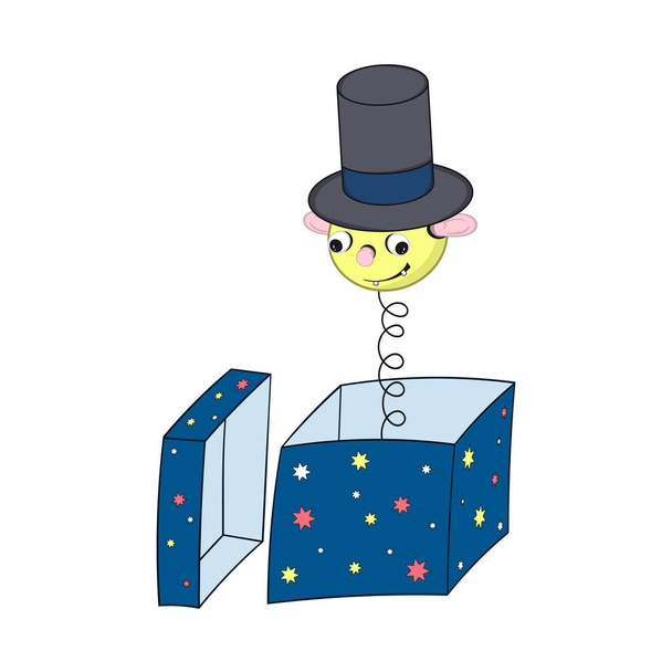 Funny yellow cartoon spring in a hat - with a head, ears, eyes and mouth peeking out of a gift box and smiling. - Vector, Image