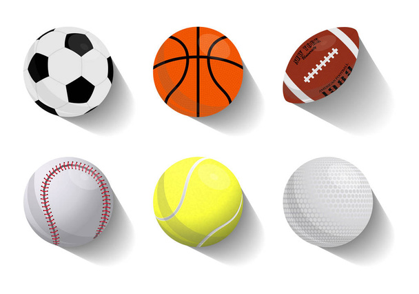 Барвистий векторний набір ікон літаючих спортивних м'ячів баскетбол, футбол, американський футбол, бейсбол, теніс, гольф. Плоский стиль
. - Вектор, зображення