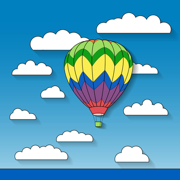 Heißluftballon am Himmel mit Wolken. Vektorillustration. flaches Cartoon-Design.  - Vektor, Bild