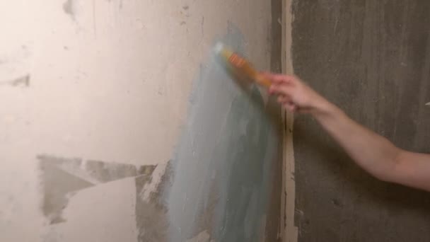 L'uomo sul muro grigio-bianco squallido applicato con una spazzola e vernice blu
 - Filmati, video