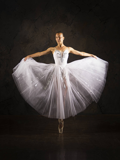 Slender girl in a white corset tutu dancing ballet. - 写真・画像