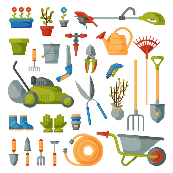 Garden tool gardening equipment rake or shovel and lawnmower of gardener farm collection or farming set illustration isolated on white background - Φωτογραφία, εικόνα