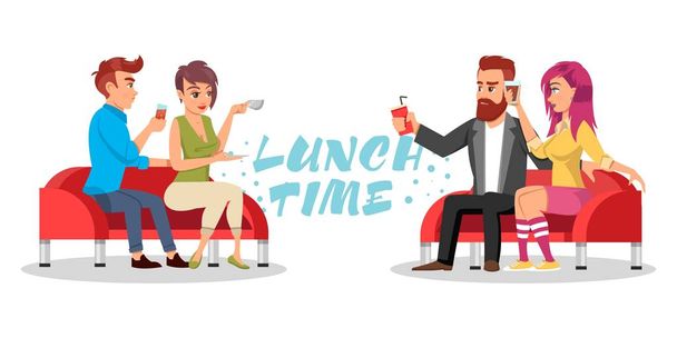 Vrienden of collega's zitten aan tafel met drankjes en pizza. Vector Azure belettering lunch tijd. - Vector, afbeelding