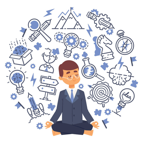 オフィスワーカーは、思考やアイデアのアイコンを背景に、オフィスでのハードワークからストレスの多い感情を落ち着かせるためにヨガを行っています。バナーのための瞑想の概念。図. - 写真・画像