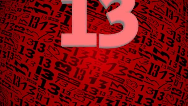 Dertien, magisch getal, symbool van ongeluk. Roterende rode achtergrond met zwarte cijfers 13, dalende nummer dertien in 3D-ontwerp, afslaan en vallen - Video