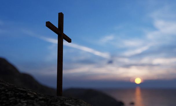 Koncepcja lub koncepcyjny religijny chrześcijański krzyż stojący na skale w morzu lub oceanie nad pięknym zachodem słońca nieba. Tło dla wiary, wiara religii, Jezus Chrystus, duchowy Kościół 3D ilustracji - Zdjęcie, obraz