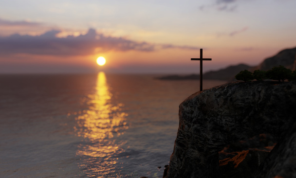 コンセプトや概念的な宗教的なキリスト教のクロスは、美しい夕日の空の上に海や海の岩の上に立っています。信仰、宗教信仰、イエス・キリスト、霊的な教会3Dイラストの背景 - 写真・画像