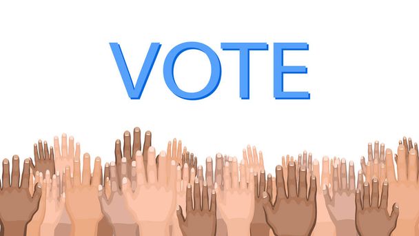Różnorodność ludzkich rąk na białym tle z niebieskim napisem "Głosuj". Podniesione ręce z różnych wektor koloru skóry. Praca zespołowa, współpraca, głosowanie, wolontariat, dobroczynność, tłum, siła robocza - Zdjęcie, obraz