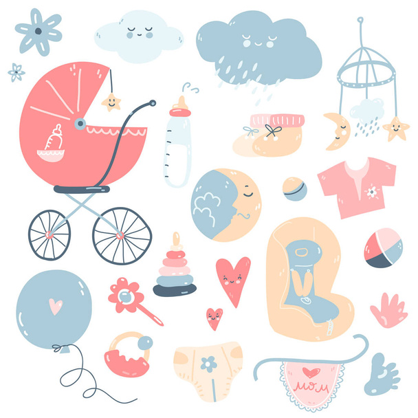 新生児をテーマにしたかわいい落書きセット。ベビーケア、授乳、布 - ベクター画像