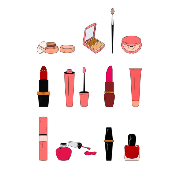 Kleur lijn pictogrammen voor de make-up. Eenvoudige set van cosmetica. Vector illustratie op witte achtergrond. - Vector, afbeelding