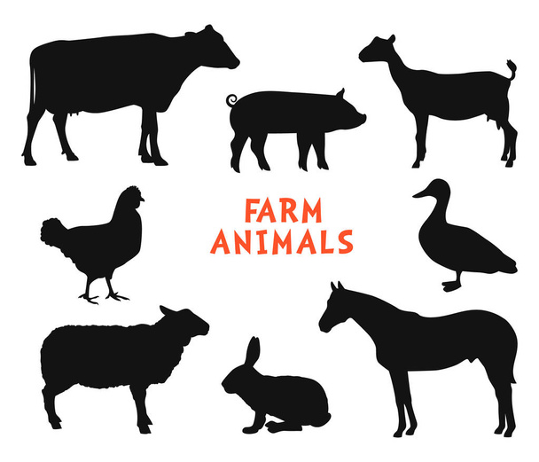 Vector Farm Animals Silhouettes Isolated on White - Vector, Image