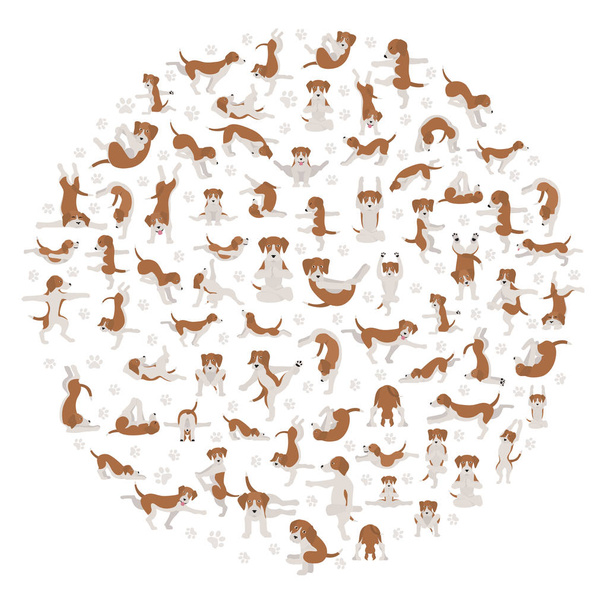 Yoga-Hunde posieren und üben Cliparts. Lustiger Cartoon-Beitrag - Vektor, Bild