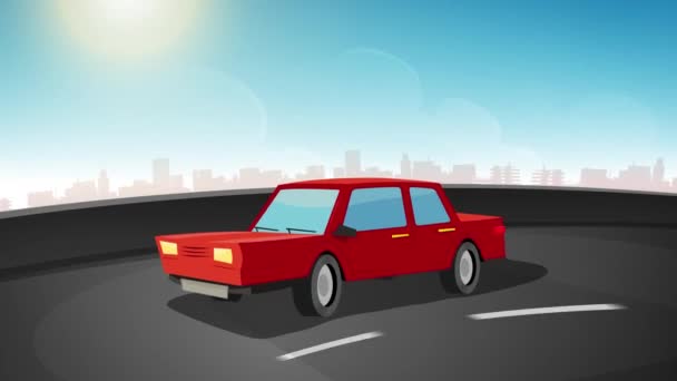Cartoon jazdy samochodem na City Highway Loop/4K animacji samochodu kreskówki jazdy na drogach miejskich autostrady, bezszwowe pętli - Materiał filmowy, wideo