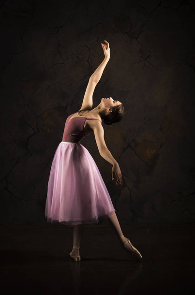 A slender girl in a pink skirt and beige top dancing ballet. - Zdjęcie, obraz