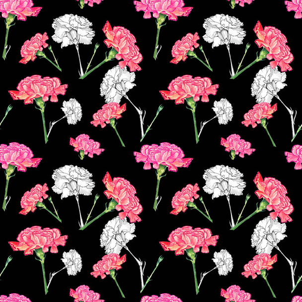 Carnation flowers on dark background, mixture of watercolor and ink graphics hand-drawn illustration, seamless pattern - Photo, Image