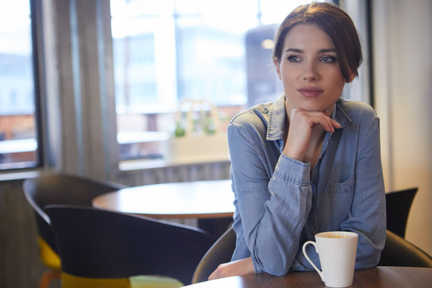 Beautiful brunette using laptop in cafe. Blogger work concept - Foto, afbeelding