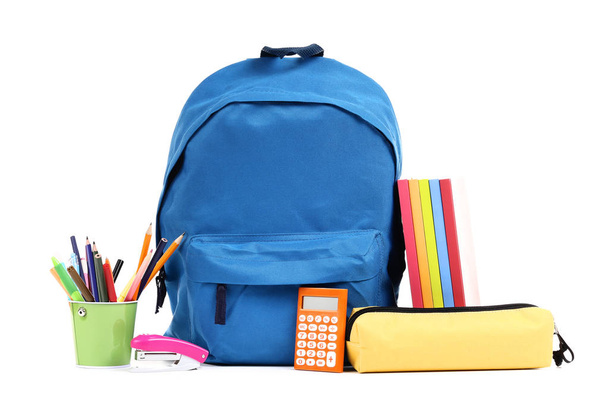 Backpack with school supplies isolated on white background - Fotoğraf, Görsel