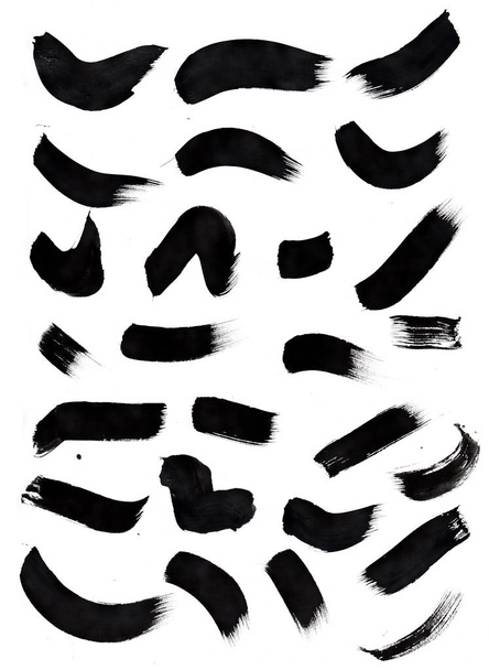 Állítsa be a fekete tinta ecset stroke foltok és áttetsző fehér papír textúra. - Fotó, kép