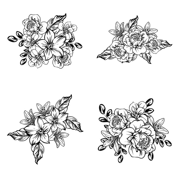Monochrome vintage style flowers on white background - Vector, afbeelding