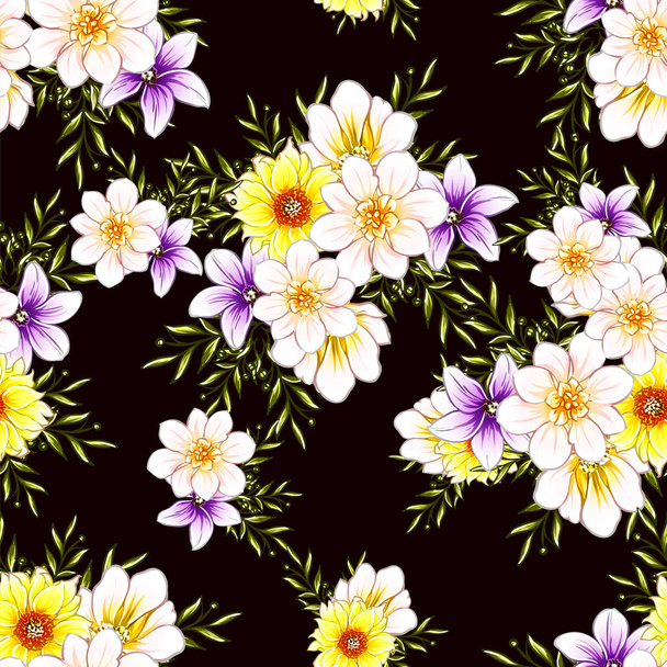 Colourful vintage style flowers seamless pattern - Vettoriali, immagini