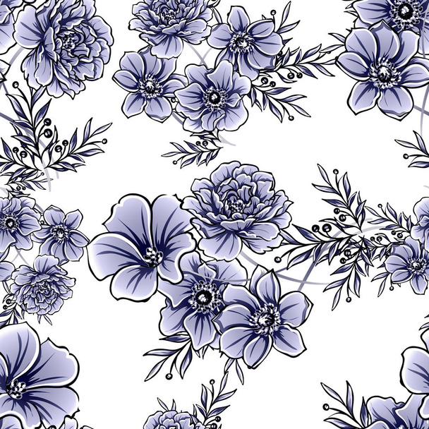 Monochrome vintage style flowers seamless pattern - Vector, imagen