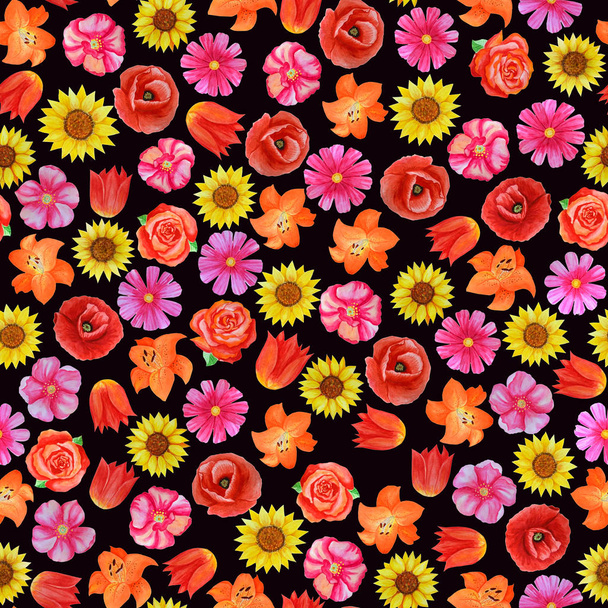 Seamless floral pattern on black background. Different bright flowers. - Photo, Image