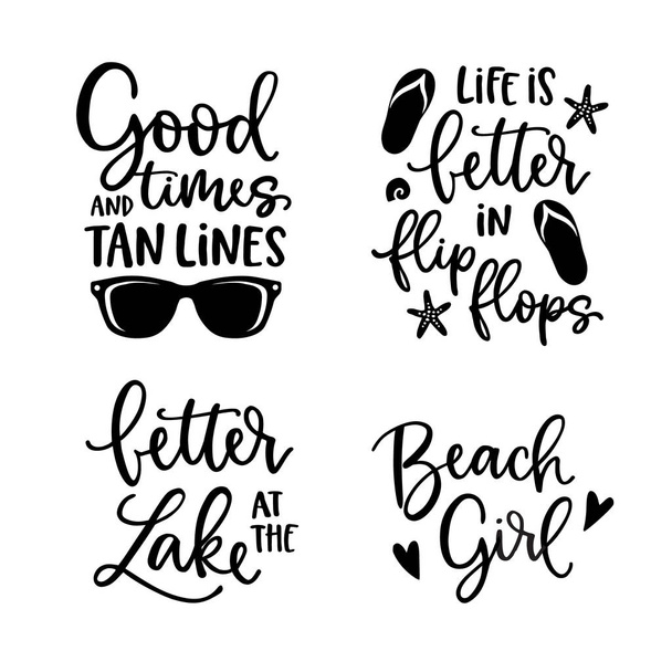 Summer lettering set. Black hand lettered quotes with shealls, flip flops and sunglasses. For greeting cards, t-shirts. Typography collection. Vacation, beach and sea concept. Isolated vectors. - Vektor, kép