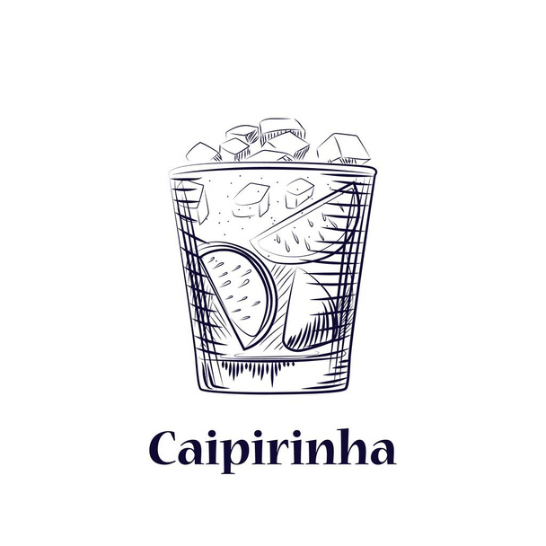Hand drawn sketch cocktail cachaca, sugar and lime. Isolated coctail - Vector, Image
