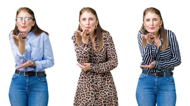 Collage of beautiful middle age woman over isolated background looking at the camera blowing a kiss with hand on air being lovely and sexy. Love expression. - Fotoğraf, Görsel