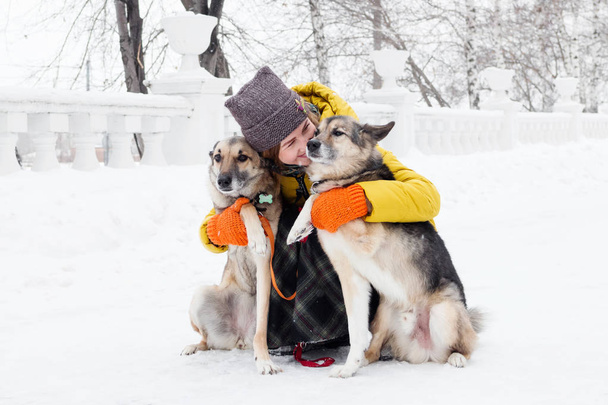 Portrait of beautiful smiling young woman with her two dogs in a snowy winter park. - Foto, imagen