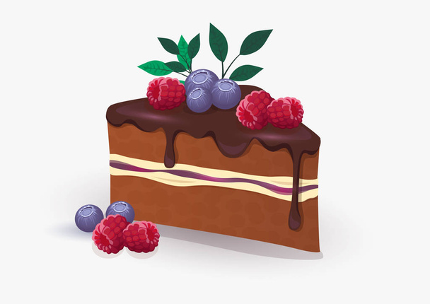 cake with blueberries, raspberries and chocolate icing on a light background - Vector, afbeelding