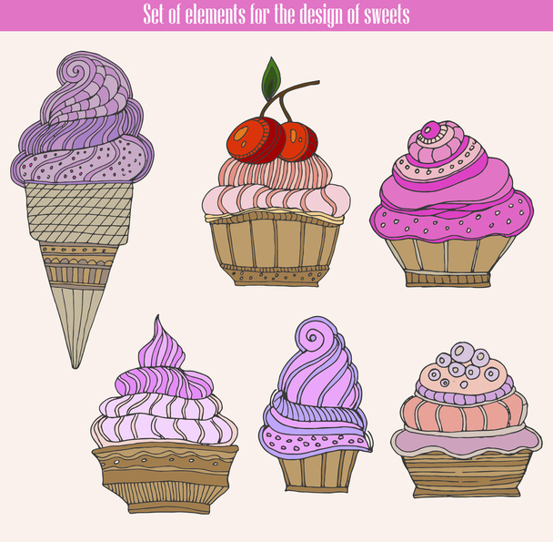 tatlılar dondurma ve cupcake tasarım öğeleri kümesi. El çizimi sketch vektör çizim. - Vektör, Görsel