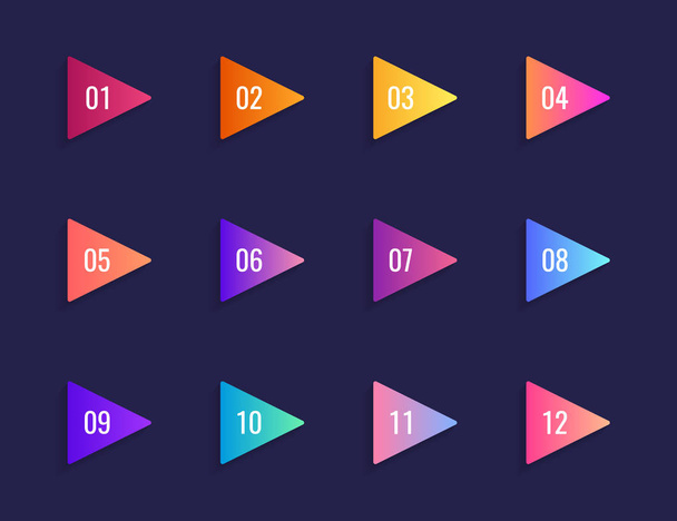 Banderas de triángulo de punta de flecha Super set sobre fondo azul oscuro. Marcadores de gradiente coloridos con número de 1 a 12. Ilustración vectorial moderna
 - Vector, Imagen