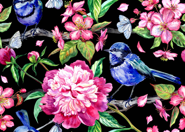 Seamless pattern with blue birds, peonies and apple blossoms on a black background, watercolor illustration. - Foto, Imagem