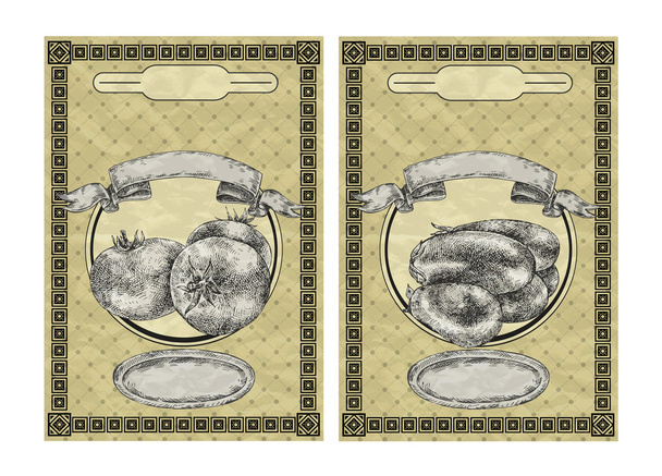 Vintage banners with tomato and eggplant. Vintage style vector illustration - Vector, Image