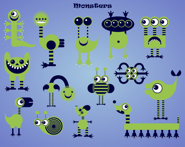 Set of green cartoon monsters. Vector illustration - Vector, Image
