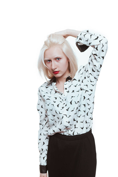 portrait blonde albino girl in studio on white background - Фото, изображение