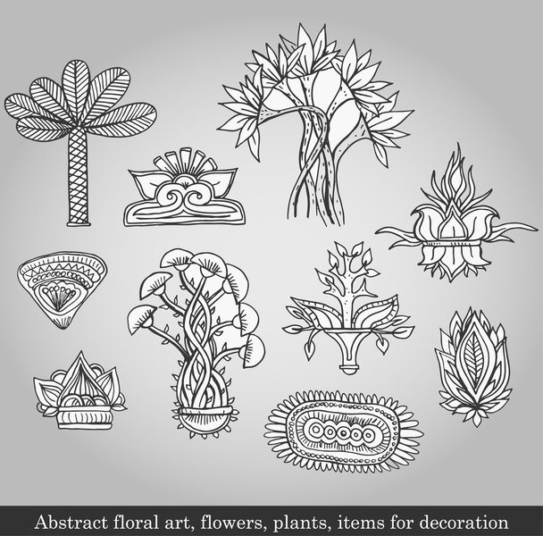 Absztrakt virágos művészeti, virágok, növények, tételek, dekoráció szürke háttér. Vektoros illusztráció retro stílusban - Vektor, kép