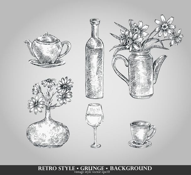 Vector set of kitchen ware. Teapot, bottle, vase, glass,cup. Retro style - Vector, Image
