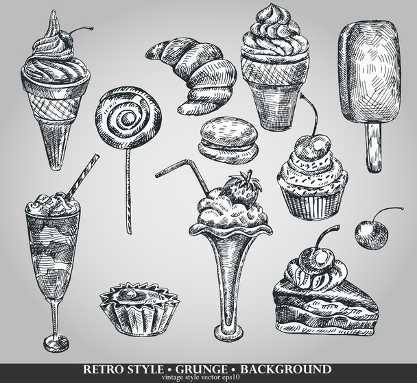 Conjunto de helados y pasteles. Dibujo a mano ilustración vector boceto. Estilo retro
 - Vector, Imagen