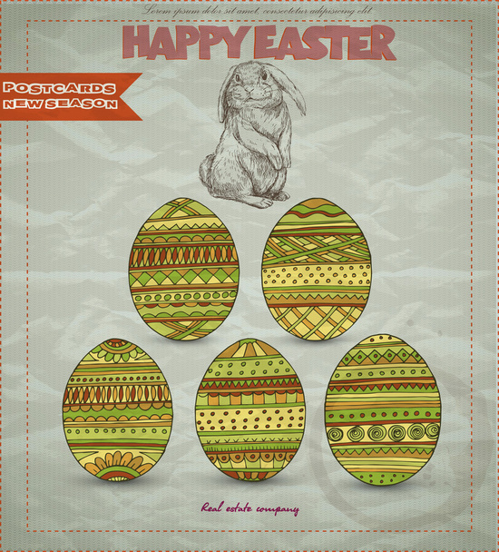 Tarjeta de Pascua retro con conejito y huevos
 - Vector, imagen