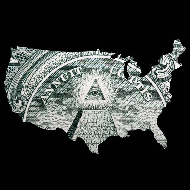 Silhueta da América mapa com dinheiro sobre fundo preto
. - Foto, Imagem